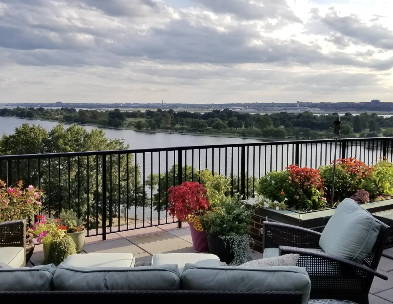 A rooftop terrace overlooking the Washington Channel in Southwest DC