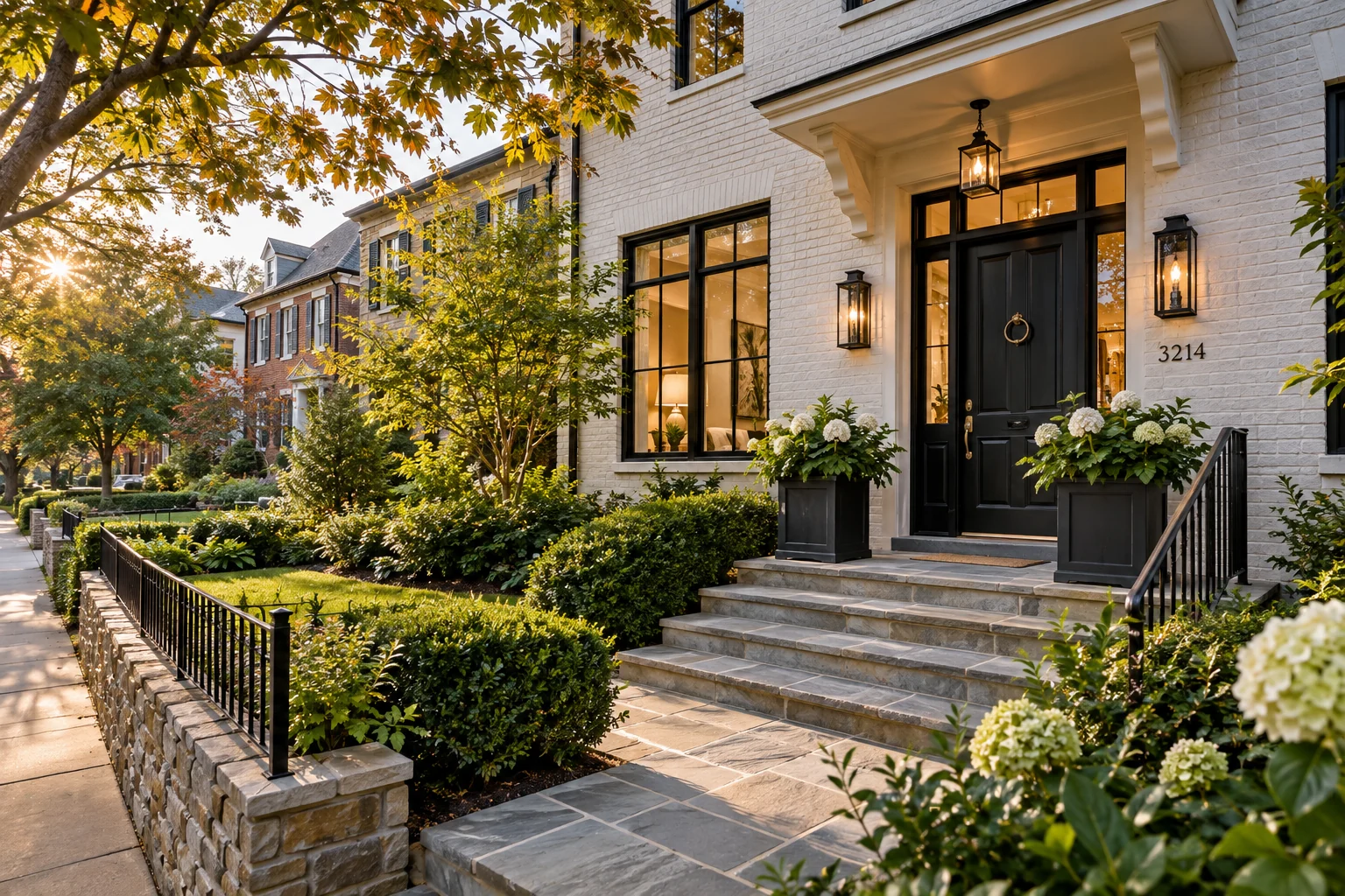 A white-brick home with a black front door and hydrangeas at golden hour