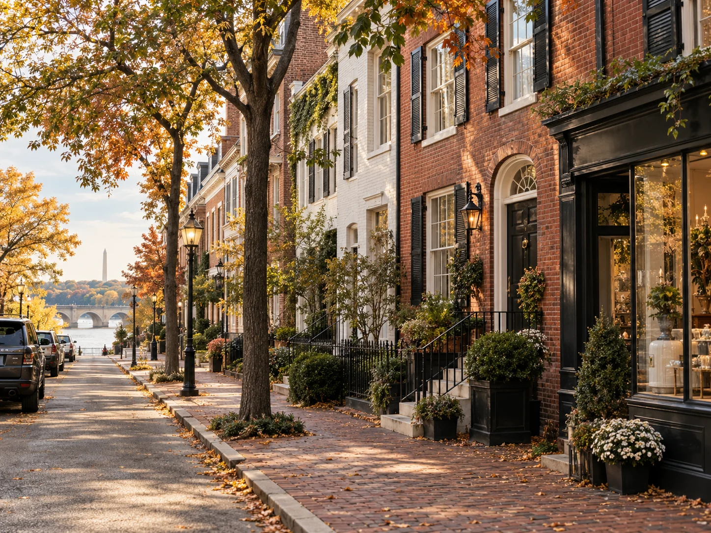 A tree-lined brick sidewalk of rowhouses in autumn, with the Washington Monument in the distance