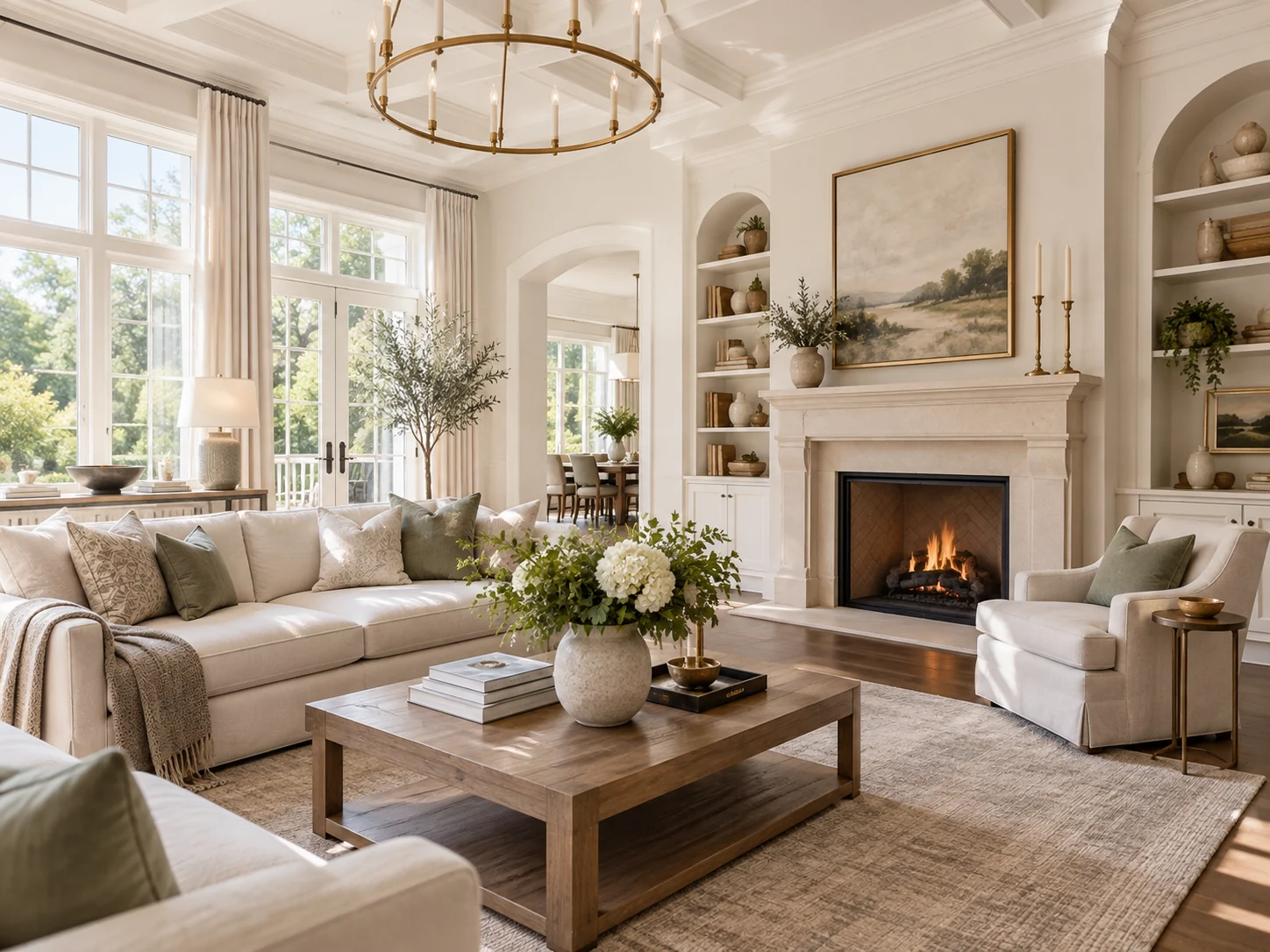 A bright living room with a fireplace, cream sofas and built-in shelves