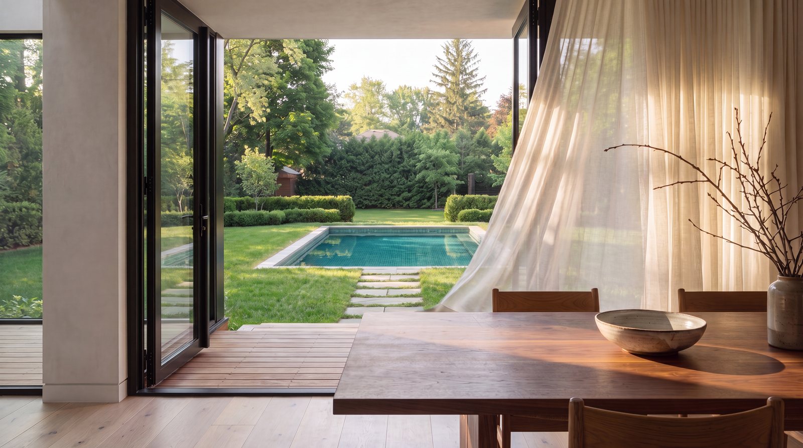 Doors opened to a lawn and pool